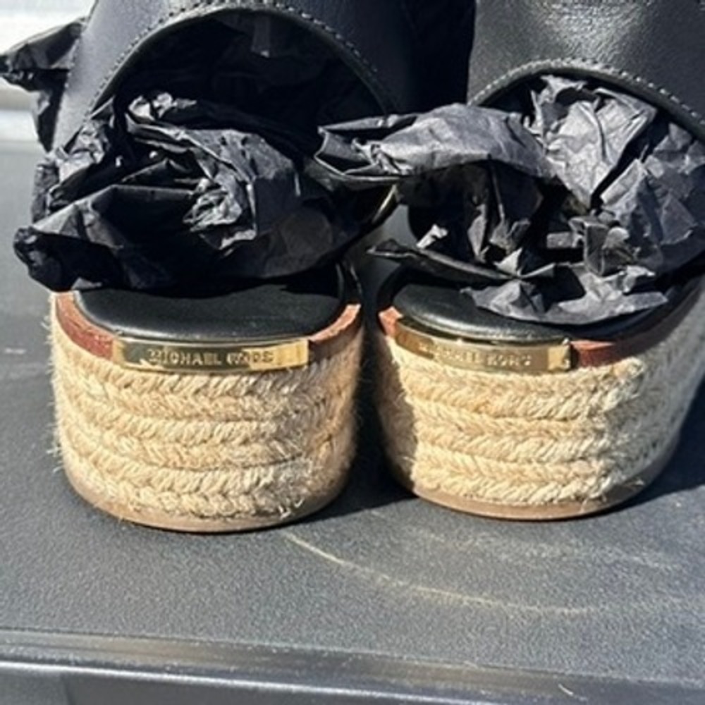 Michael Kors Black Leather Gladiator Espadrille Platform Sandals Gold Buckle - 7 - Picture 7 of 9